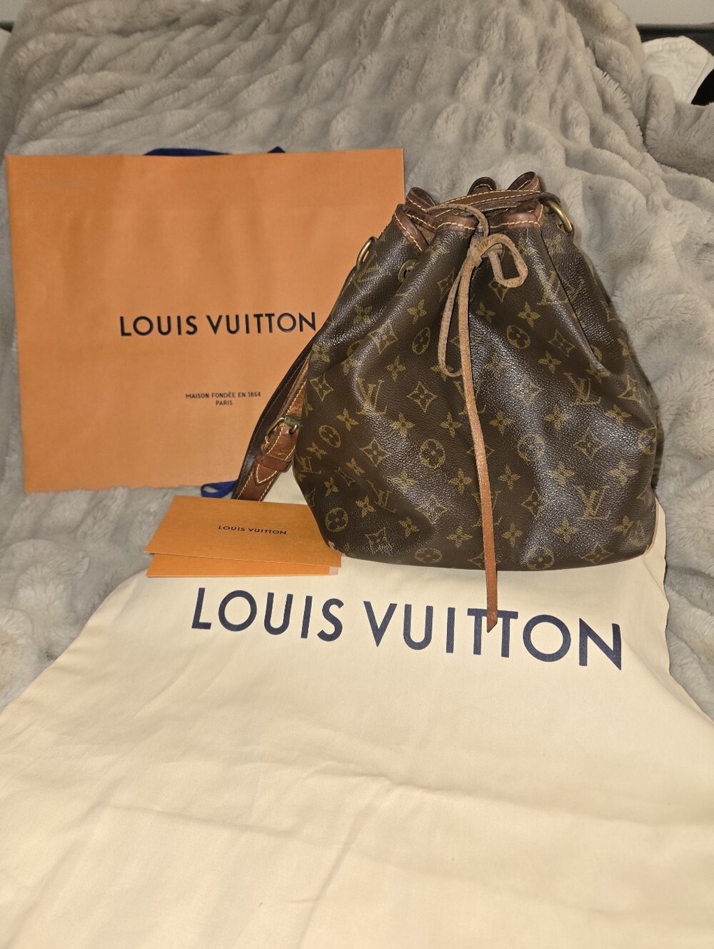 Louis Vuitton Brown Monogram Drawstring Bucket Bag along with Dust Bag